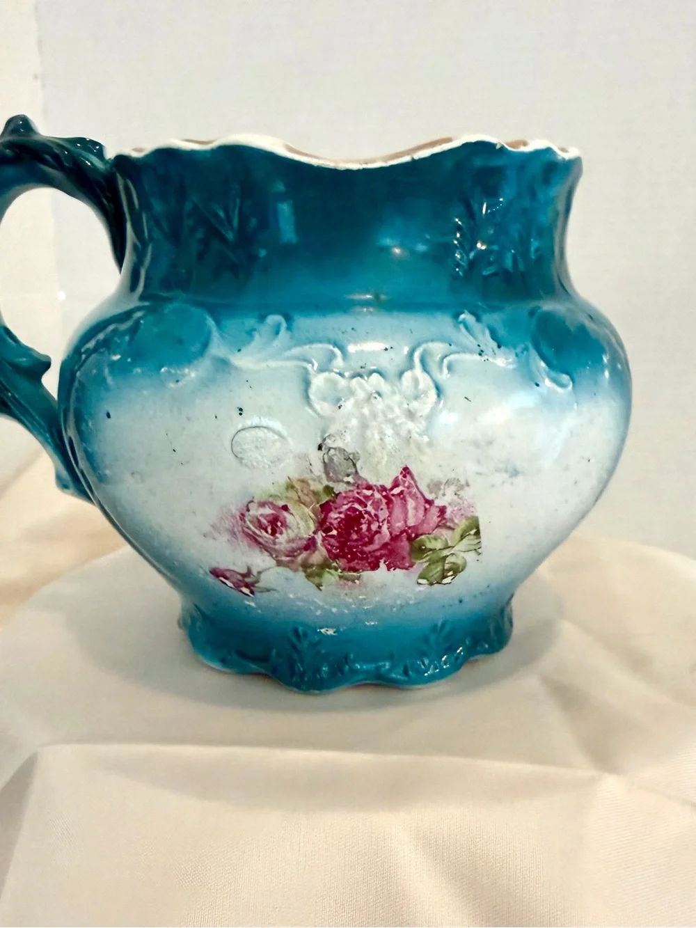 Vintage Turquoise Ironstone Creamer with Pink Rose Motif